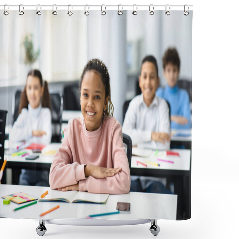 Personality  Portrait Of Small Black Girl Sitting At Desk In Classroom Shower Curtains