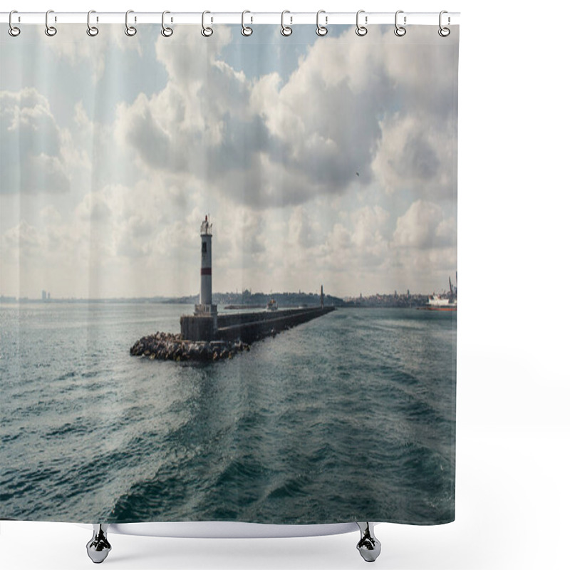 Personality  Pier And Lighthouse In Sea With Cloudy Sky At Background, Istanbul, Turkey  Shower Curtains