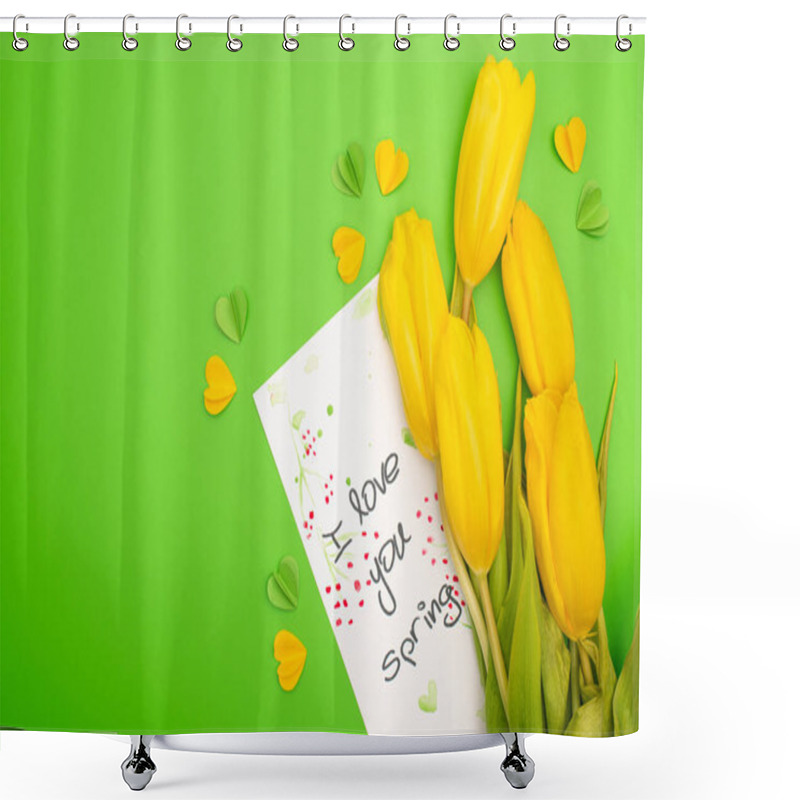 Personality  Top View Of Yellow Tulips, Card With I Love You Spring Lettering And Decorative Hearts On Green Background Shower Curtains