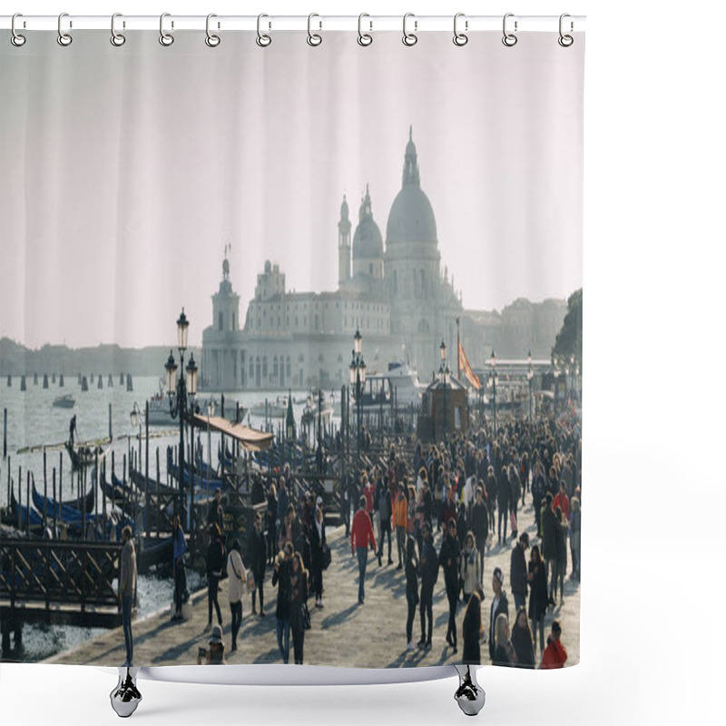 Personality  View From The Waterfront Riva Degli Schiavoni With Tourists At The Basilica Santa Maria Della Salute With The Punta Della Dogana Of Venice In Italy Shower Curtains