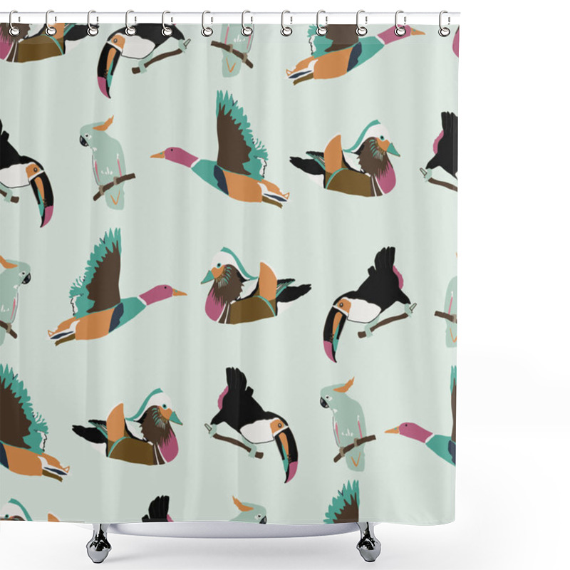 Personality  Vector Seamless Pattern Background With Birds. Blue Background. Shower Curtains