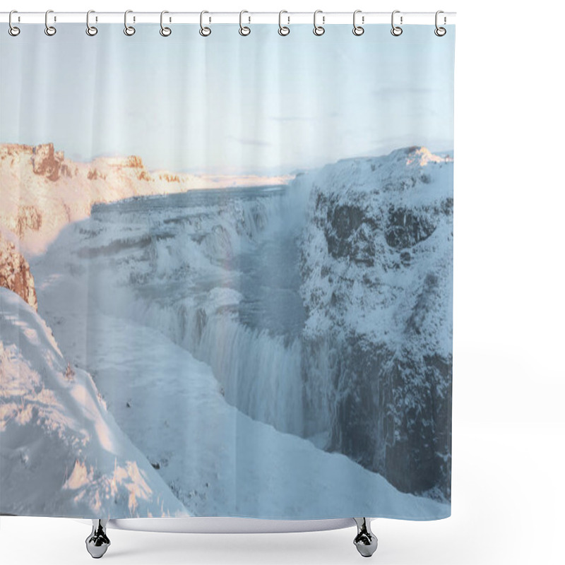 Personality  Beautiful Icelandic Landscape With Snow-covered Rocks And Gullfoss Waterfall Shower Curtains