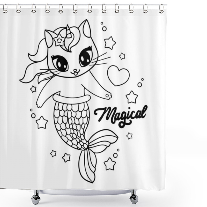 Personality  Cute Cat Mermaid Unicorn. Black And White Outline Drawing. Vector Shower Curtains