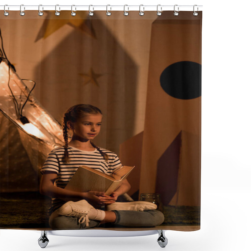 Personality  Kid In Striped T-shirt Reading Book In Dark Room Shower Curtains