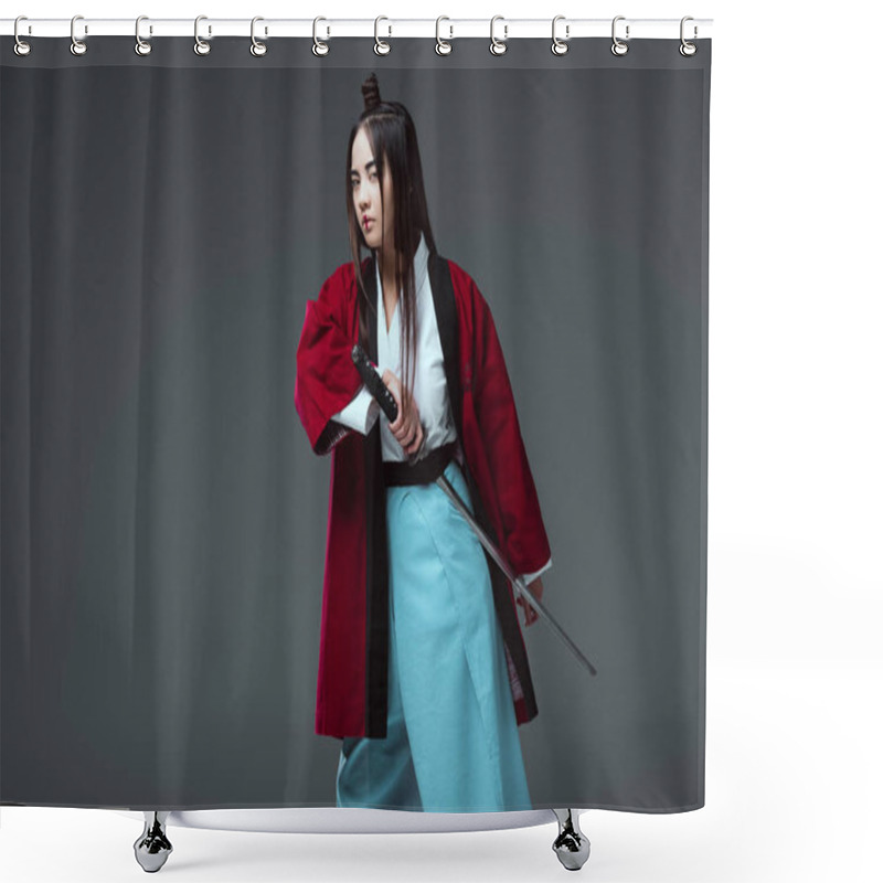 Personality  Asian Woman In Kimono Holding Katana Sword And Looking At Camera Isolated On Grey  Shower Curtains