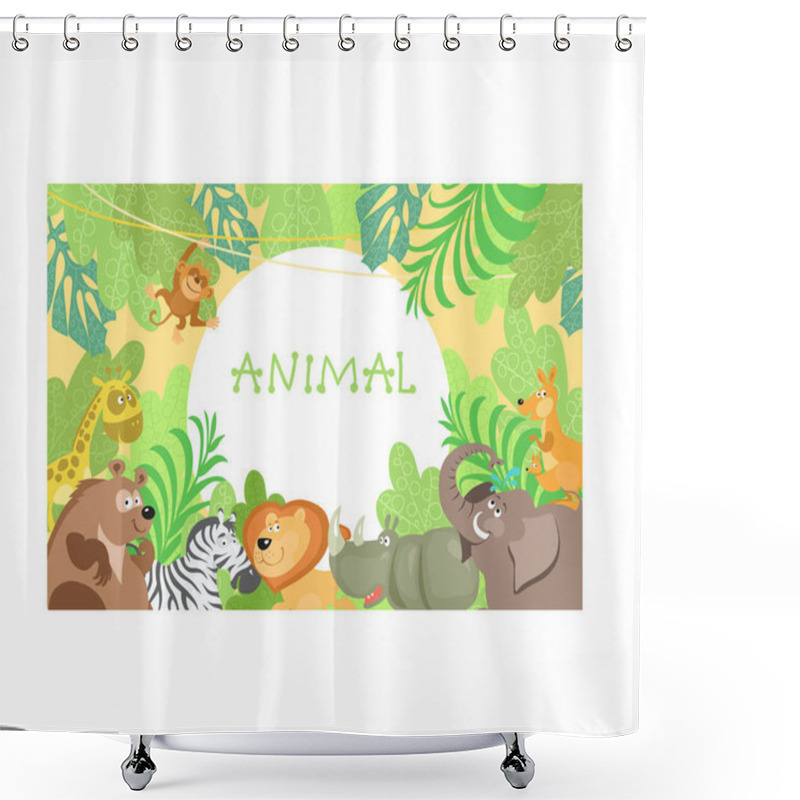 Personality  Postcard Of Cute Animals In The Jungle. Flat Vector Cartoon. Invitation Template With Place For Text. Shower Curtains