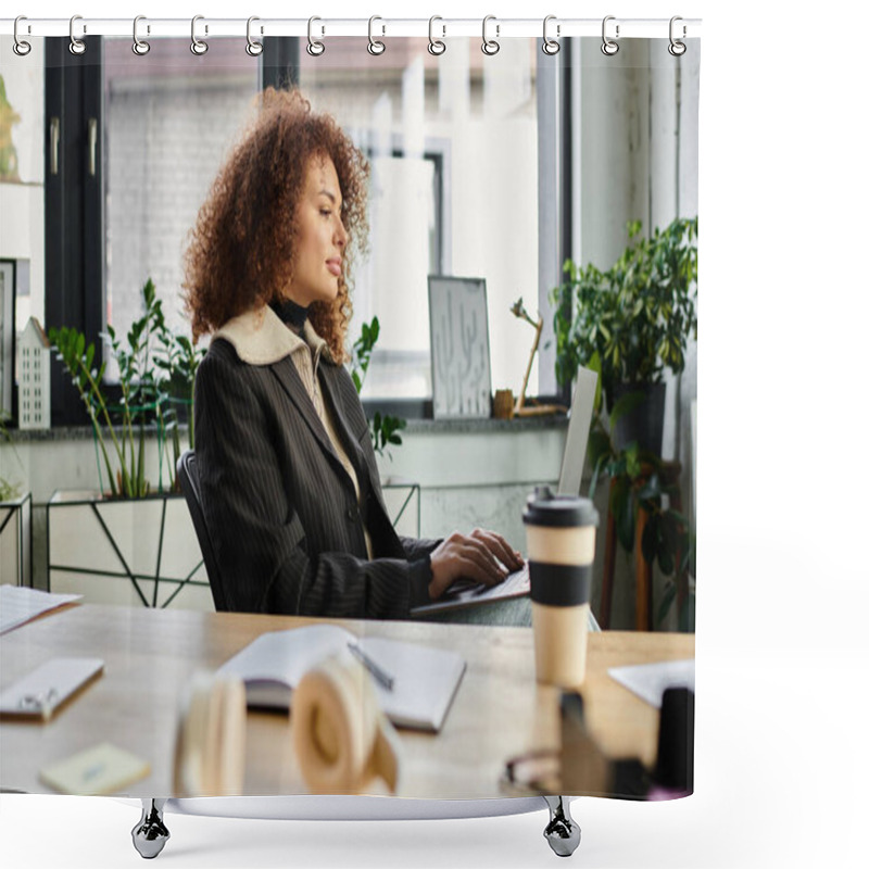 Personality  A Woman With Curly Hair Intently Works On Her Laptop In A Vibrant Office Filled With Greenery. Shower Curtains