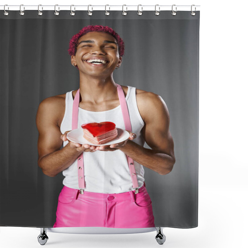 Personality  Cheerful Young Man Holding Heart Shaped Mini Cake And Smiling At Camera, Fashion And Style Shower Curtains