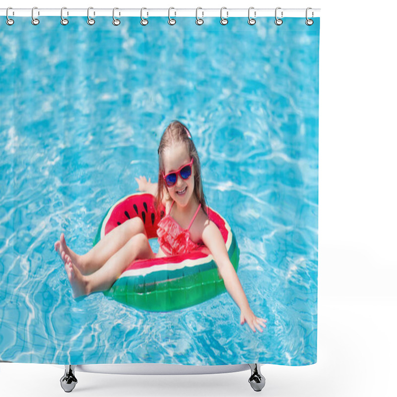 Personality  Child With Watermelon Inflatable Ring In Swimming Pool. Little Girl Learning To Swim In Outdoor Pool Of Tropical Resort. Kid Eye Wear. Water Toys And Floats For Kids. Healthy Sport For Children.  Shower Curtains