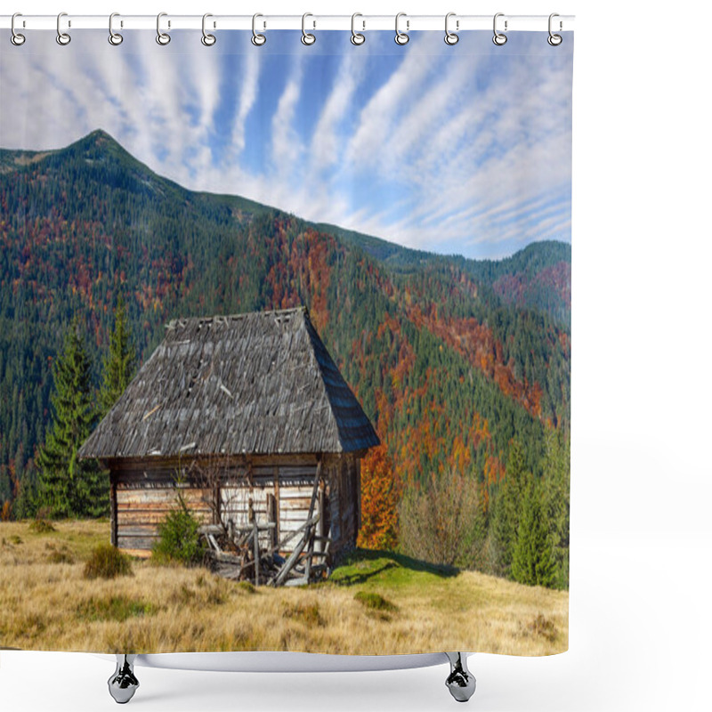 Personality  Beautiful Wooden House During Fall Peak Season In The Mountains Shower Curtains