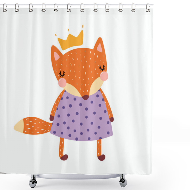 Personality  Hand Drawn Cute Funny Fox Girl In Dress And Crown Isolated On White Background Shower Curtains