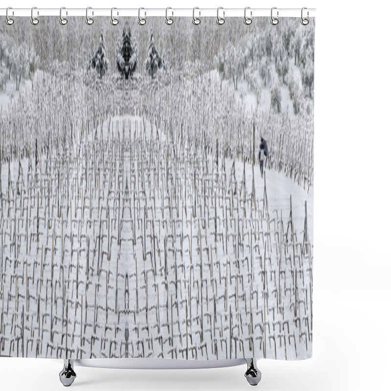 Personality  Man Walking Among Rows Of Vines In The Snow  Shower Curtains