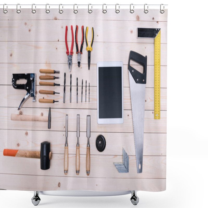 Personality  Top View Of Various Construction Tools And Digital Tablet On Wooden Table Shower Curtains