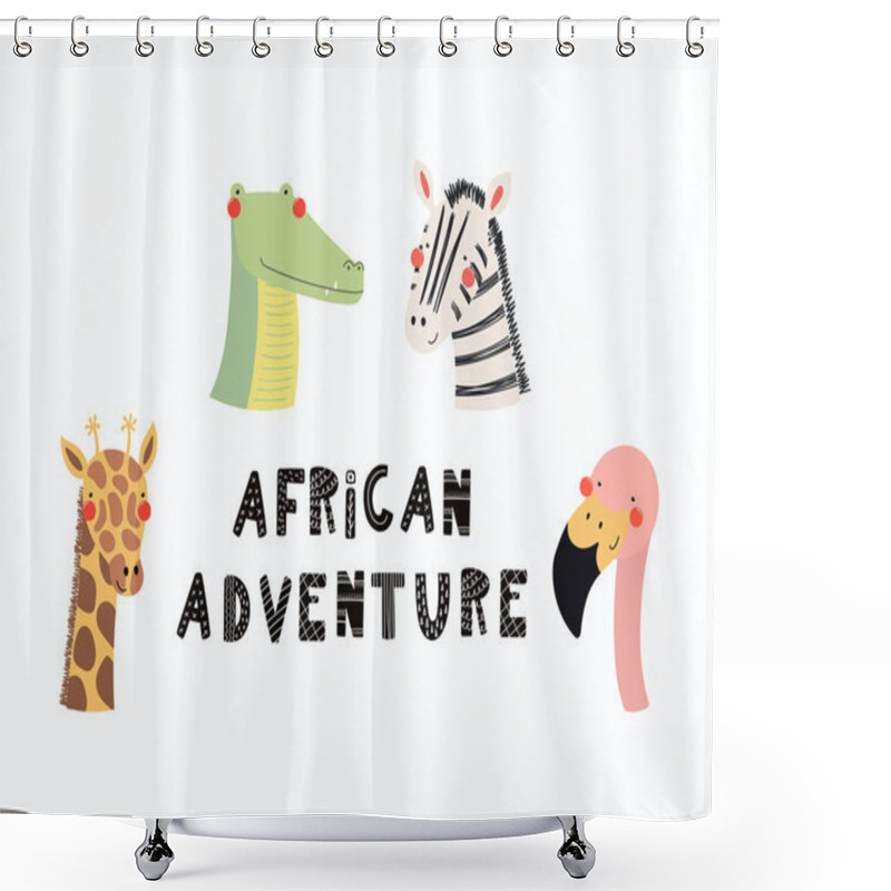 Personality  Set Of Funny Animals Faces With Words African Adventure Shower Curtains