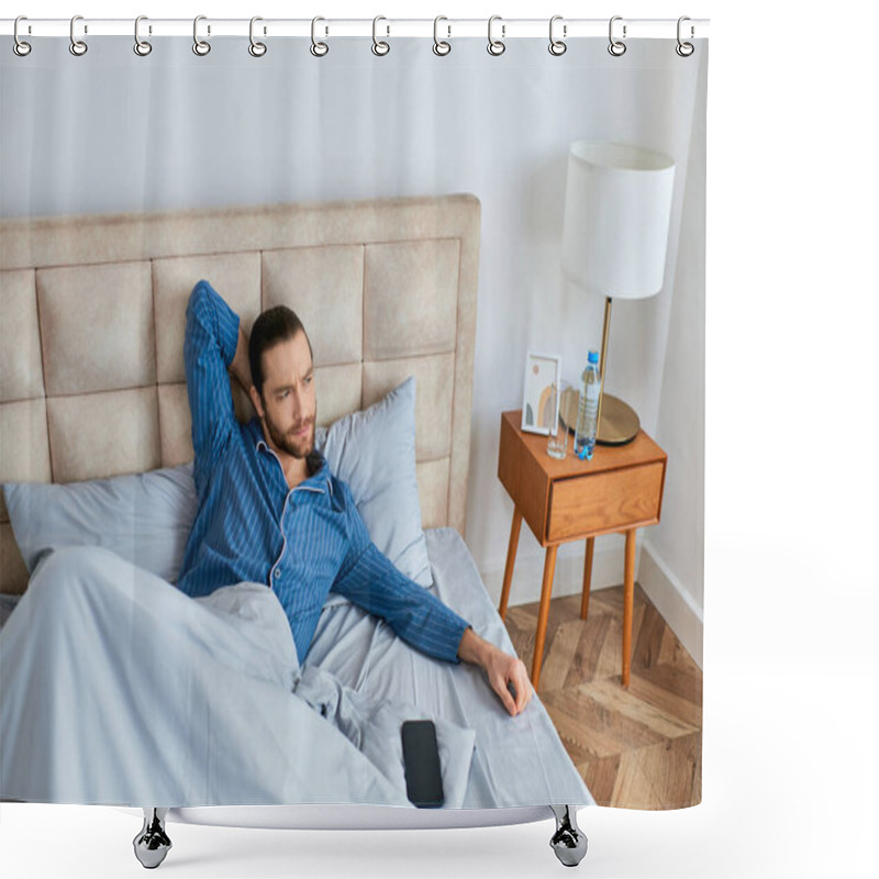 Personality  A Man Lays In Bed, Phone Near Hand. Shower Curtains