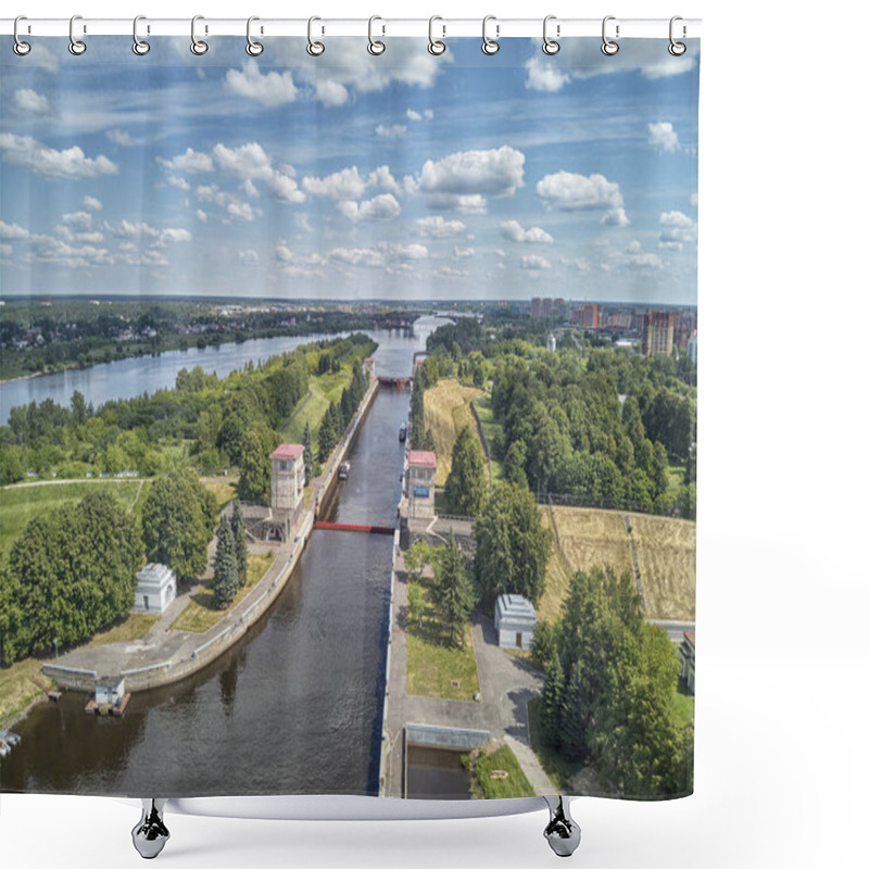 Personality  Sluice On The Chanel Moscow-Volga. Drone Aerial View Shower Curtains