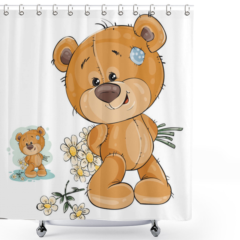 Personality  Vector Teddy Bear Hides Behind Back A Bouquet Of Flowers And Does Not Dare To Give Them To Her Girlfriend. Shower Curtains