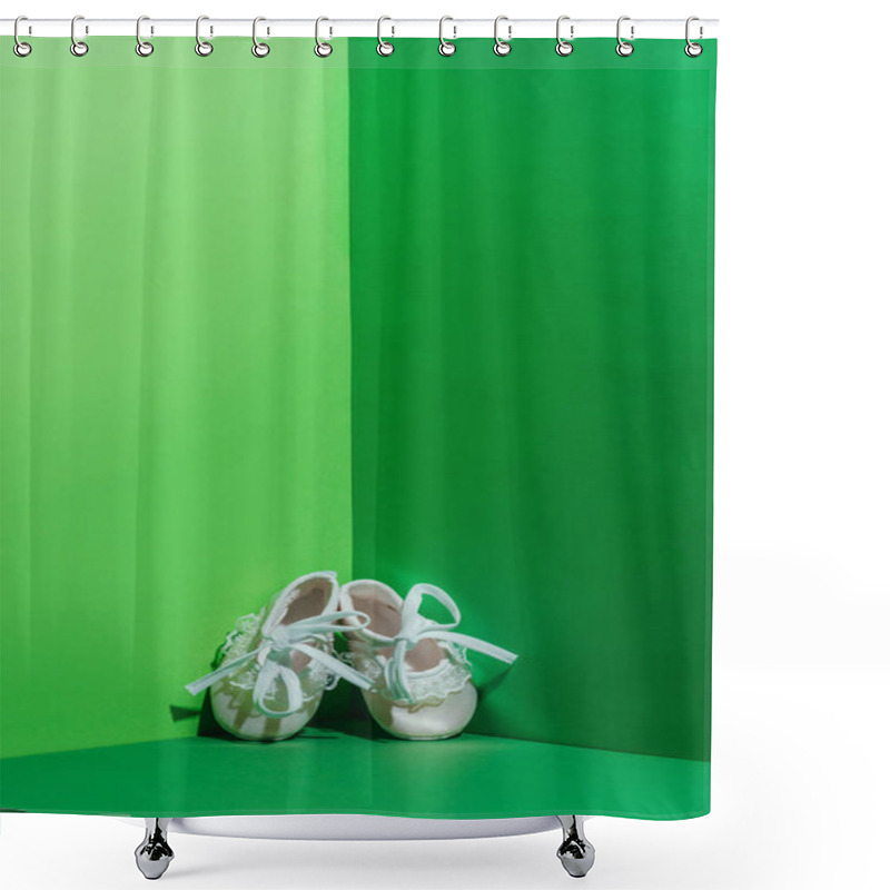 Personality  White Baby Shoes In Corner On Green Shower Curtains