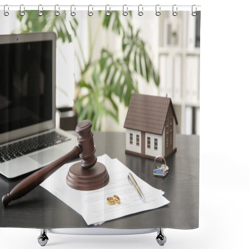 Personality  Rings With Decree Of Divorce, Judge Gavel And House Model On Table. Concept Of Dividing Marital Property Shower Curtains