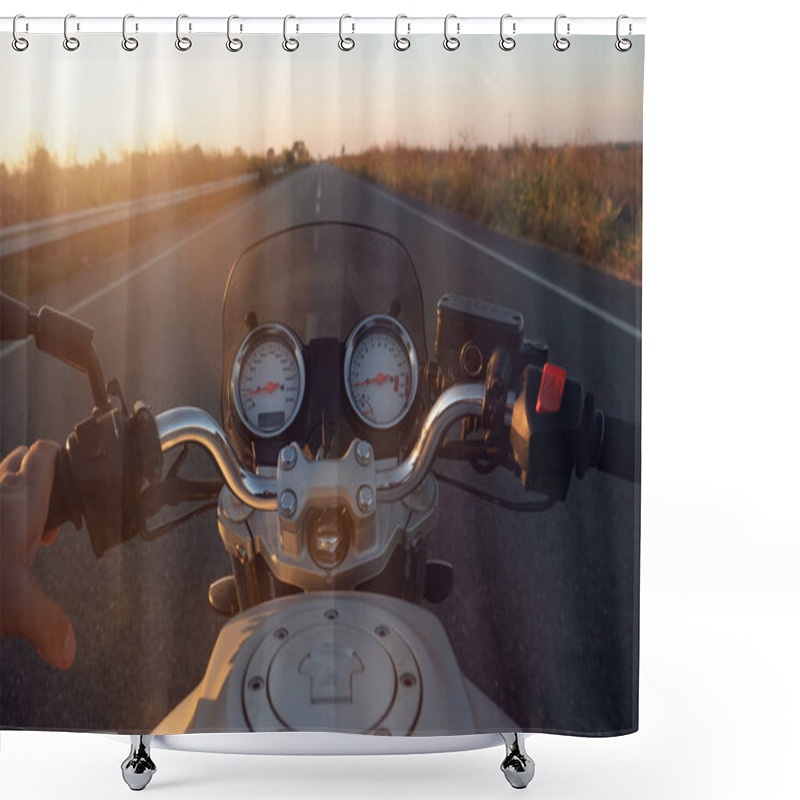 Personality  POV Of A Motorcyclist Driving On A Road At Sunset, His Futuristic Motorcycle On Which The Holographic Graphics Appear. Concept Of: Travel, Transport, Road, Freedom And Relaxation. Shower Curtains