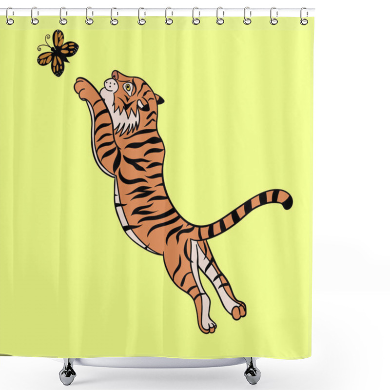 Personality  A Tiger Is Playing With A Butterfly. Vector Image. Shower Curtains