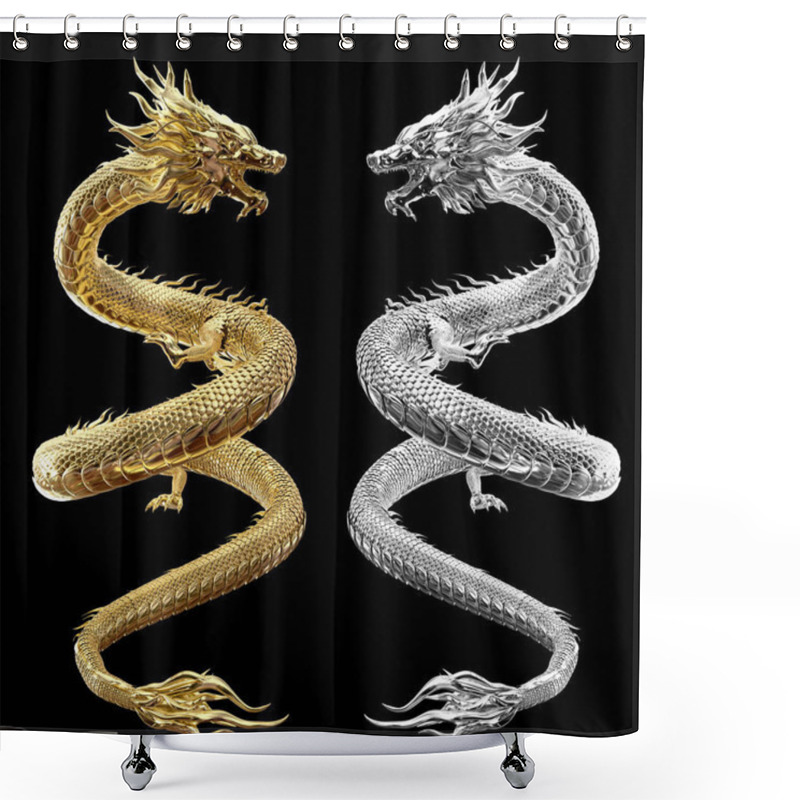 Personality  Full Twin Body Gold And Silver Dragon In Smart Pose With 3d Rendering Include Alpha Path. Shower Curtains