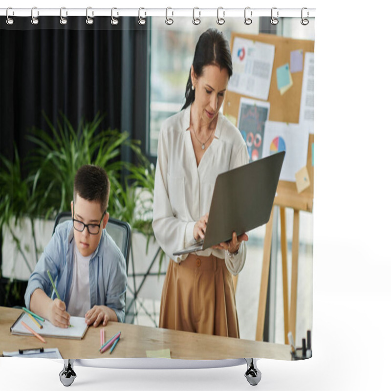 Personality  A Mother Works On Her Laptop While Her Son With Down Syndrome Colors In A Notebook At Their Office Desk. Shower Curtains