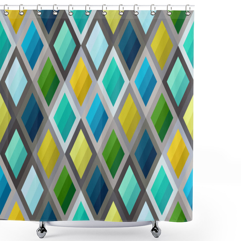 Personality  Geometric Seamless Pattern Of Striped Rhombuses Of Blue, Green, Mint, Yellow Colors. Continuous Symmetric Background From Simple Geometric Figures. Shower Curtains