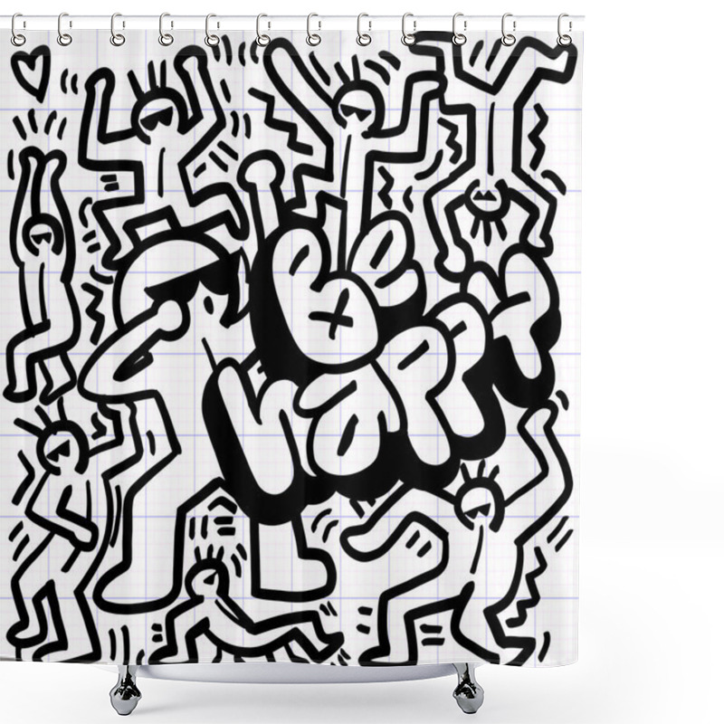 Personality  Playful Black And White Doodle Illustration Featuring Playful Figures And Phrase Be Happy, Conveying Joy And Energy Through Dynamic Poses And Bold Lines. Shower Curtains