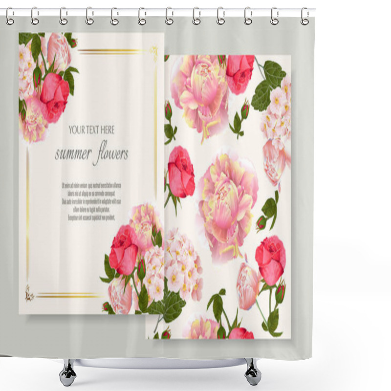 Personality  Vector Banners Set With Roses And Peonies Flowers.Template For Greeting Cards, Wedding Decorations, Invitation ,sales. Spring Or Summer Design. Place For Text. Shower Curtains