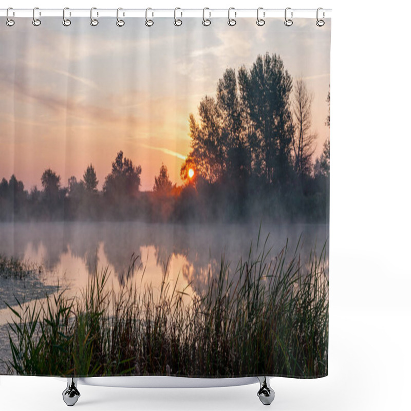 Personality  Morning Mist Over River Shower Curtains