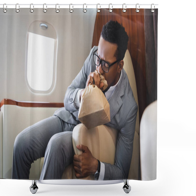 Personality  Nervous African American Businessman Breathing With Paper Bag While Having Panic Attack During Flight On Private Plane Shower Curtains