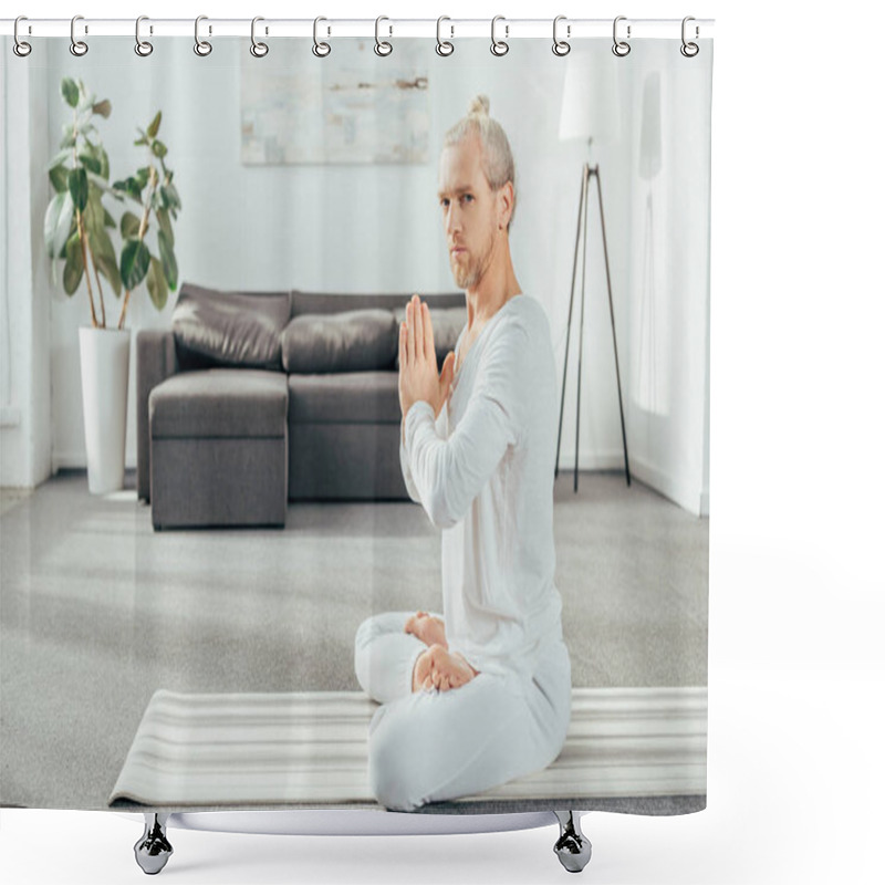 Personality  Adult Man Meditating In Lotus Position And Looking At Camera At Home Shower Curtains