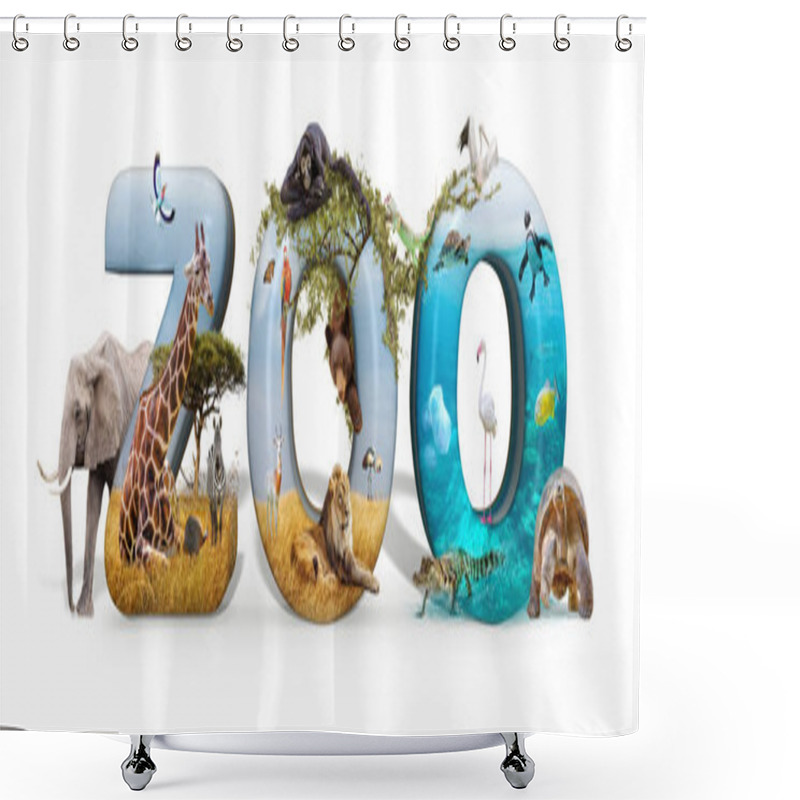 Personality  Zoo Word In 3D With African Nature Wildlife Animals And Aquarium Conceptual Scene  Shower Curtains