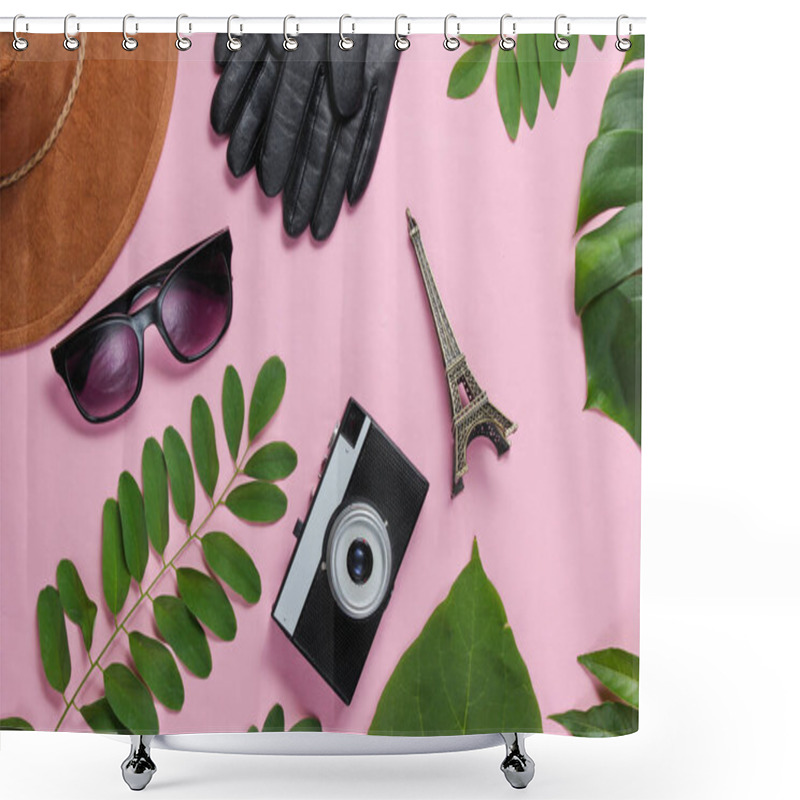 Personality  Jorney To Paris. Women's Accessories, Retro Camera, Figurine Of The Eiffel Tower On Pink Pastel Background With Green Leaves. Top View Shower Curtains