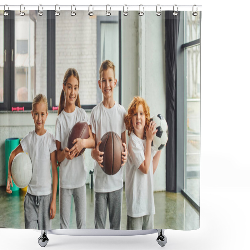 Personality  Cheerful Little Children Holding Different Kinds Of Balls And Smiling At Camera, Child Sport Shower Curtains