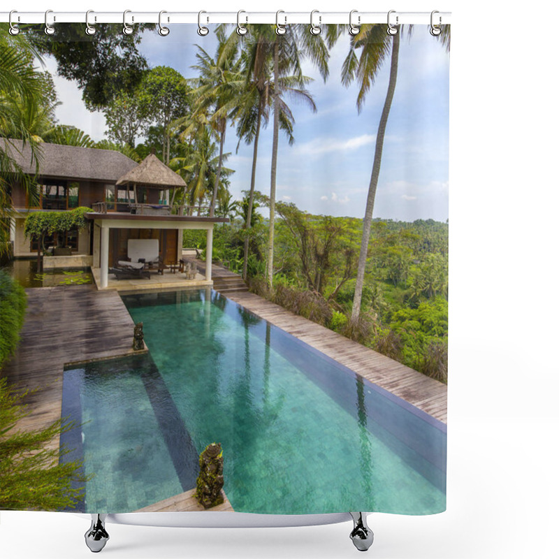 Personality  Coconut Palm Trees And Relaxing Area At Infinity Swimming Pool In Tropical Island Bali, Indonesia Shower Curtains