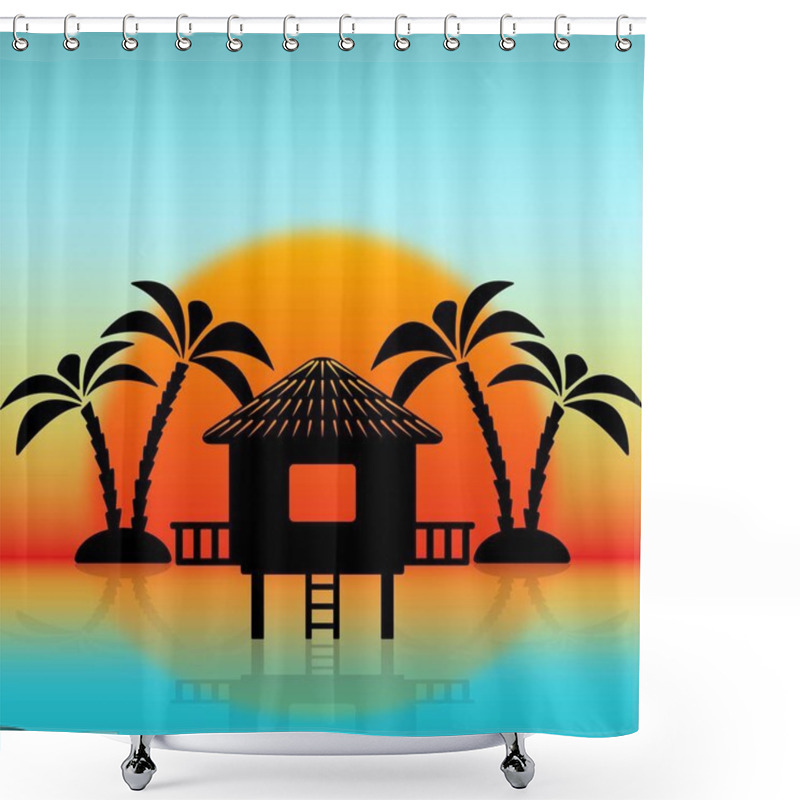 Personality  Silhouettes Of Bungalow And Palm Trees Against Rising Sun Shower Curtains