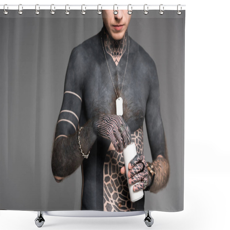 Personality  Cropped Shot Of Shirtless Tattooed Man Opening Aluminum Can Isolated On Grey Shower Curtains