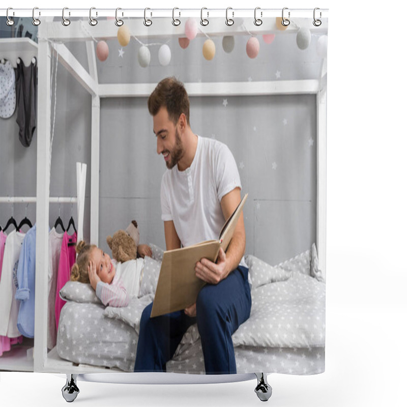 Personality  Happy Young Father Reading Book For Daughter In Bed Shower Curtains