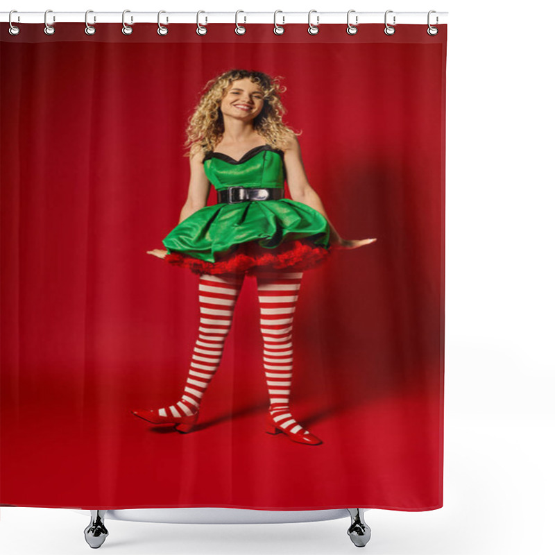 Personality  Cheerful Blonde New Year Elf Standing Still In Festive Green Dress And Stockings Smiling At Camera Shower Curtains