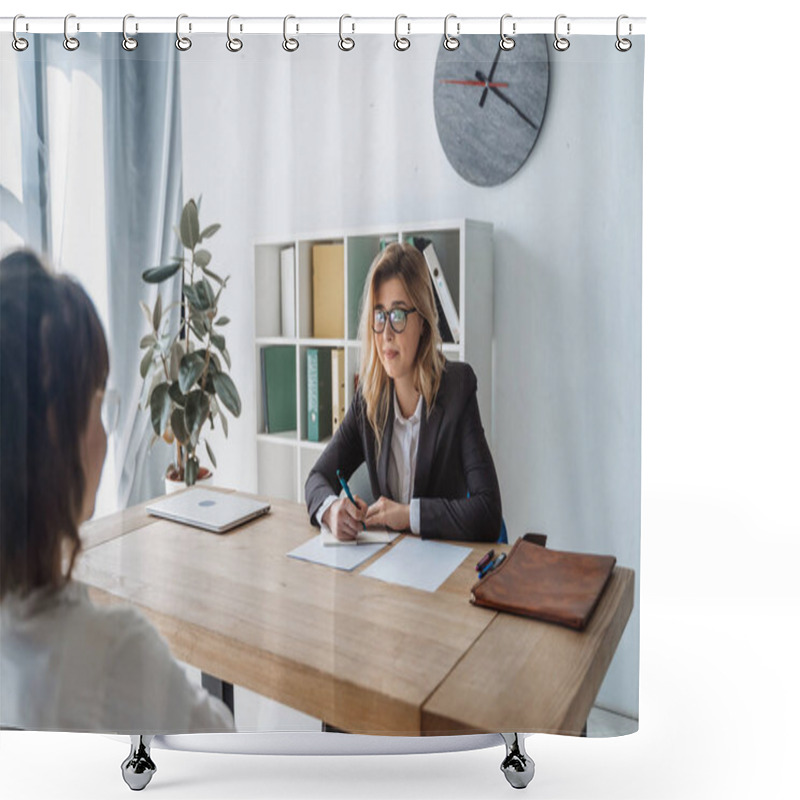 Personality  Young Female Candidate Interviewed By Employer Shower Curtains