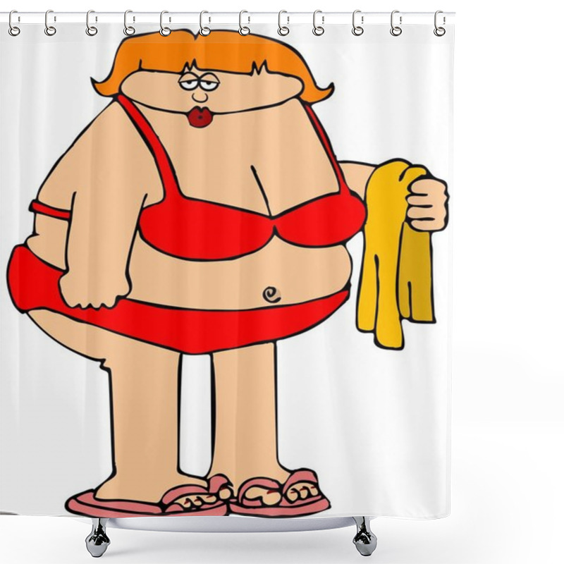 Personality  Illustration Of An Obese Girl Wearing A Red Bikini And Holding A Towel. Shower Curtains