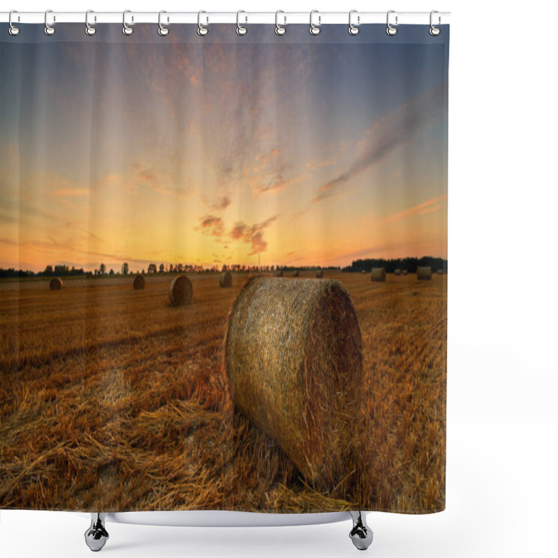 Personality  Beautiful Summer Sunset Over Fields With Hay Bales Shower Curtains