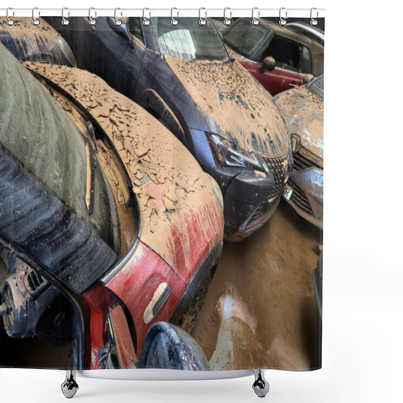 Personality  SEDAVI, VALENCIA SPAIN - DECEMBER 4 2024: After Dana Floods In Valencia Province On October 29th 2024 Thousands Of Wrecked Cars, Impacting Countless Families, And Claiming Over 200 Human Lives. Shower Curtains