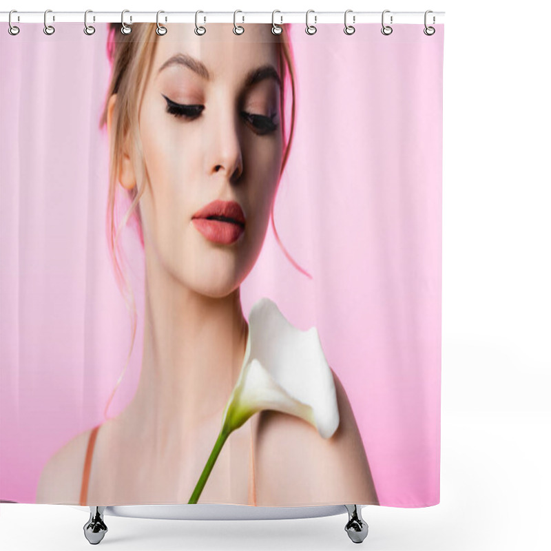 Personality  Elegant Beautiful Blonde Woman Holding Calla Flower Isolated On Pink Shower Curtains