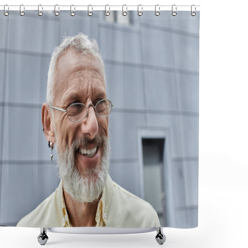 Personality  A Mature Gay Man With A White Beard, Wearing Glasses, Smiles While Standing In Front Of A Modern Building. Shower Curtains