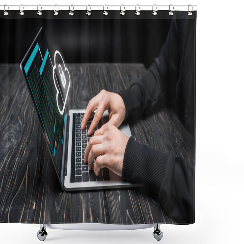 Personality  Cropped View Of Hacker Using Laptop With Cloud And Padlock On Black  Shower Curtains