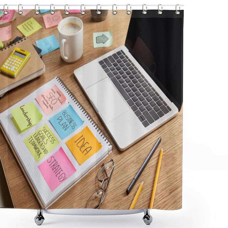 Personality  Paper Stickers With Business Strategy, Glasses And Laptop On Tabletop Shower Curtains