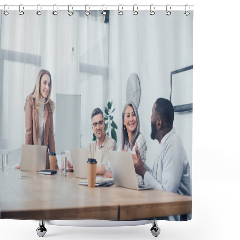 Personality  Smiling Multicultural Colleagues Talking During Meeting In Creative Agency   Shower Curtains